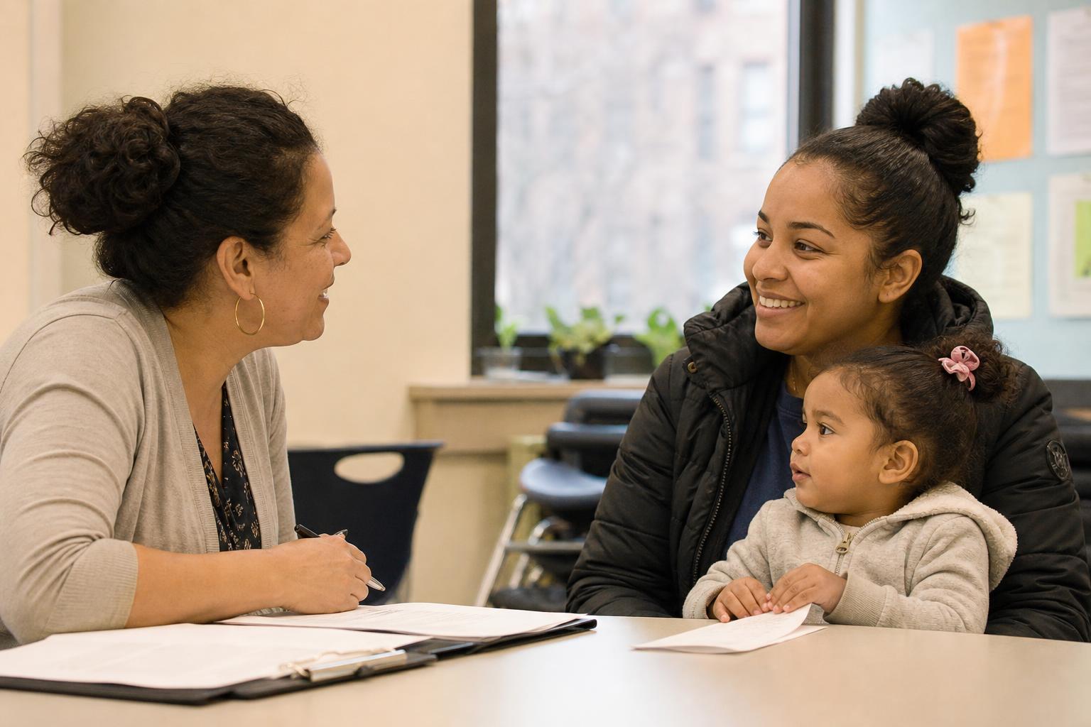 A family worker meeting with a mother and her toddler at a La Peninsula center
